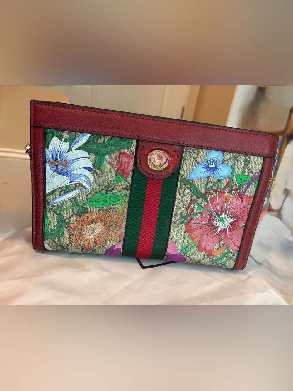 Source Unknown Floral Canvas Wristlet with Red Trim and Green-Red Stripe